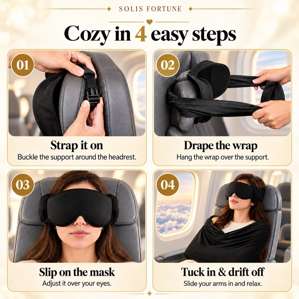 Solis SkyNest — airplane head support strap set-up in four steps on a plane seat