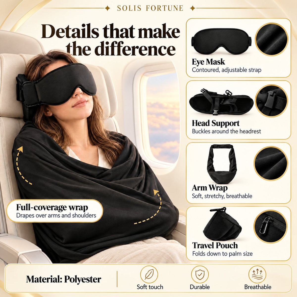 Solis SkyNest — details of the travel sleep set: eye mask, head support, arm wrap, pouch