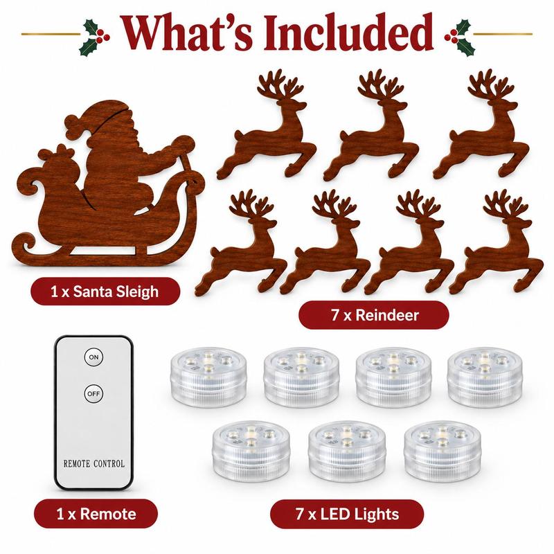 Solis Sleighline — what is included: 1 Santa sleigh, 7 reindeer, 1 remote, 7 LED lights