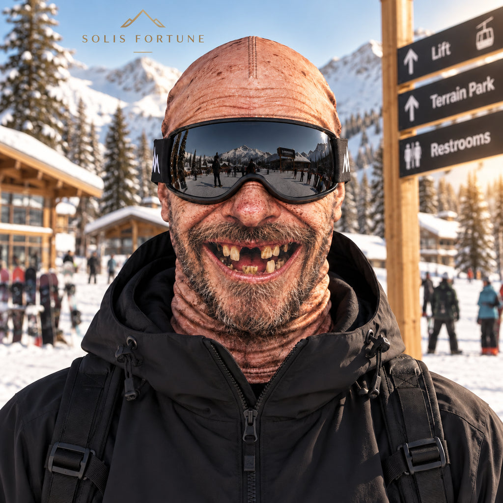 Solis Slope Faces — Gap-Tooth Hillbilly: bald, stubbly face with a gap-tooth grin, worn with ski goggles at a ski resort