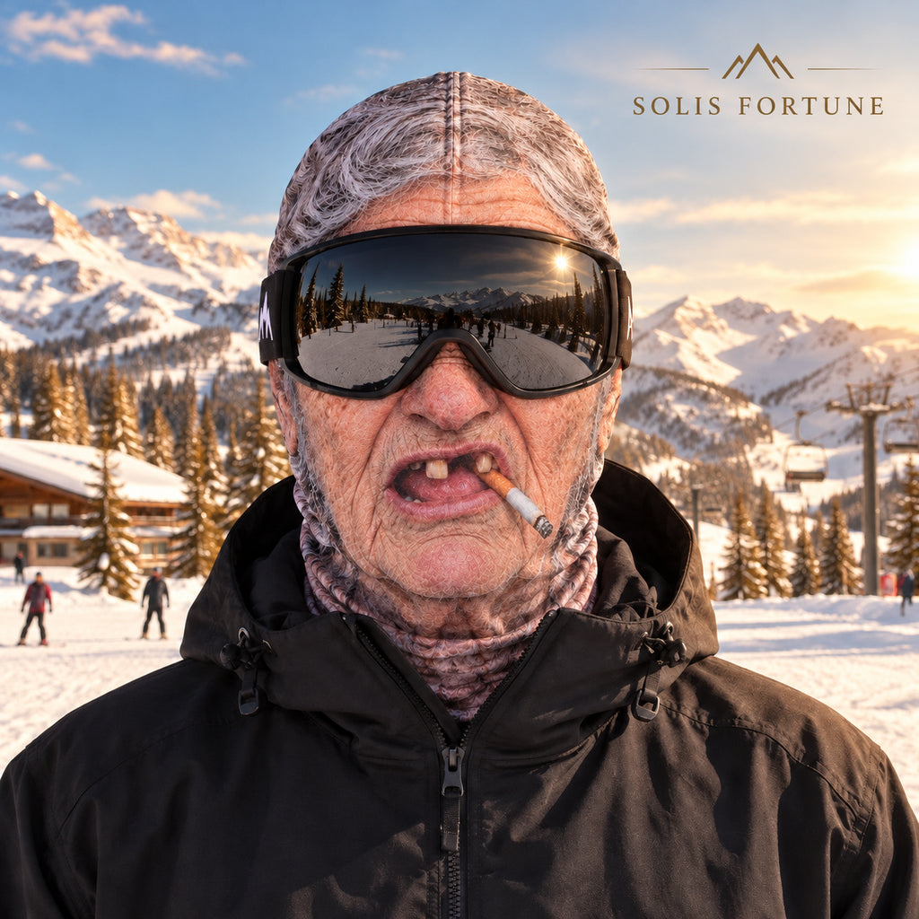 Solis Slope Faces — Smoking Grandma: grey-haired grandma face with a cigarette, worn with ski goggles at a ski resort
