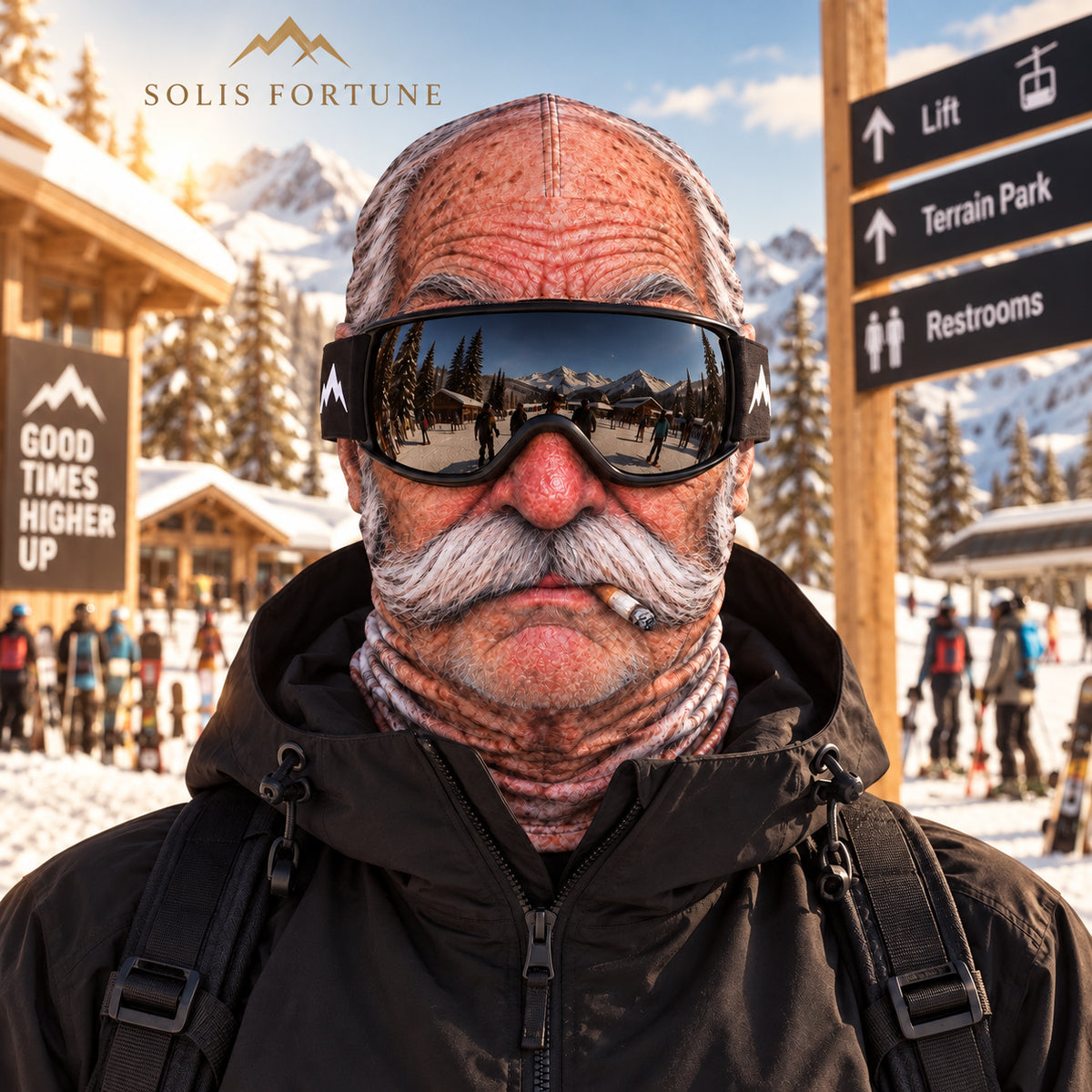 Solis Slope Faces — Mustache Grandpa: wrinkled grandpa face with a big white mustache, worn with ski goggles at a ski resort