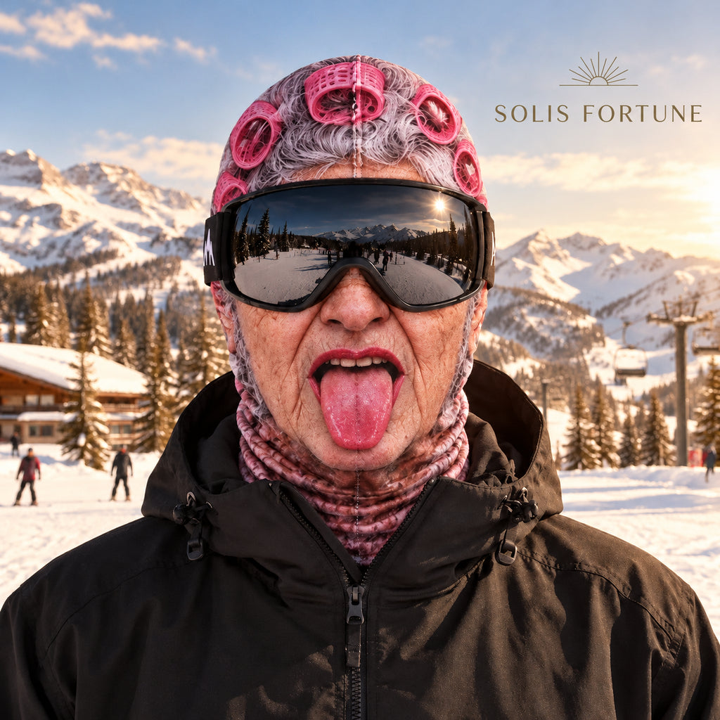 Solis Slope Faces — Curler Grandma: grandma face with pink hair curlers, sticking out her tongue, worn with ski goggles at a ski resort