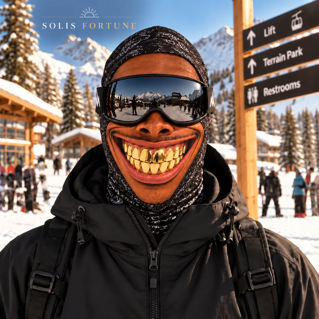 Solis Slope Faces — Hood Grandpa: grinning face with gold teeth, worn with ski goggles at a ski resort