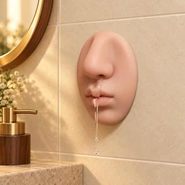 Solis Sniffle — nose soap dispenser on the bathroom wall with soap running from the nostril like snot