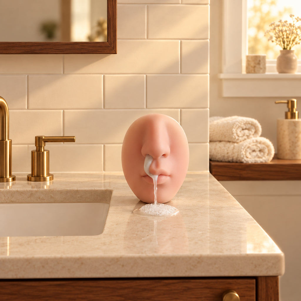 Solis Sniffle — snot soap dispenser standing on the bathroom counter next to the tap