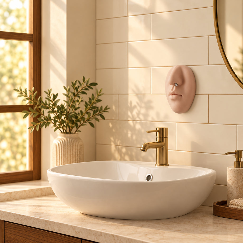 Solis Sniffle — funny nose soap dispenser on the tiled wall above the sink
