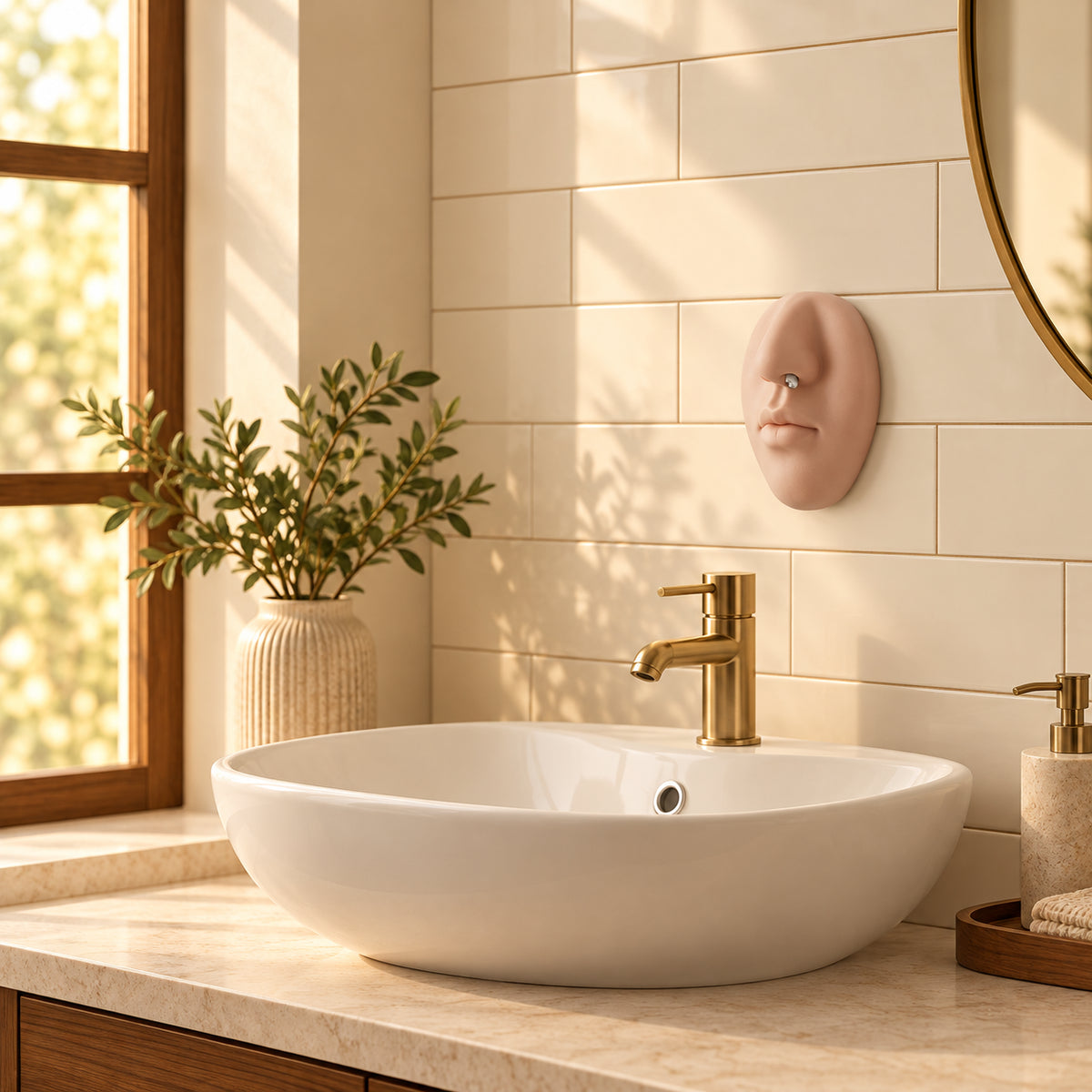 Solis Sniffle — funny nose soap dispenser on the tiled wall above the sink