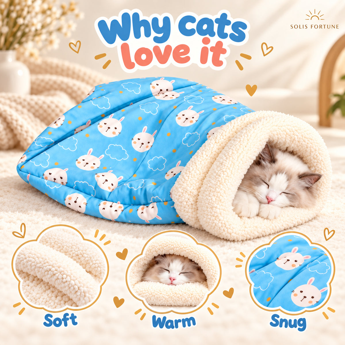 Solis Snoozle — cat napping inside the plush-lined cat cave bed