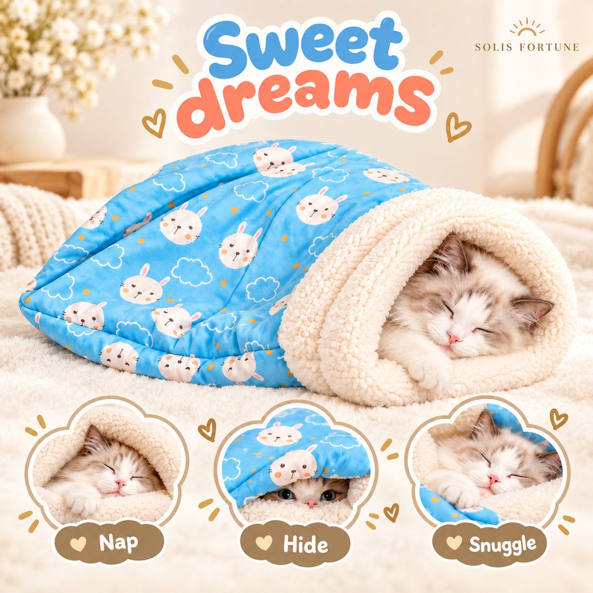 Solis Snoozle — cozy cat sleeping bag bed on a soft rug