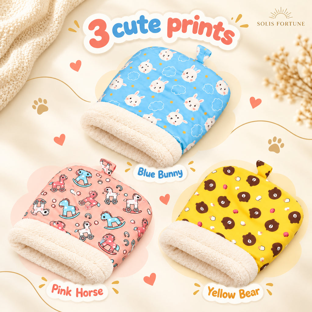 Solis Snoozle — three prints: blue bunnies, pink rocking horses, yellow bears