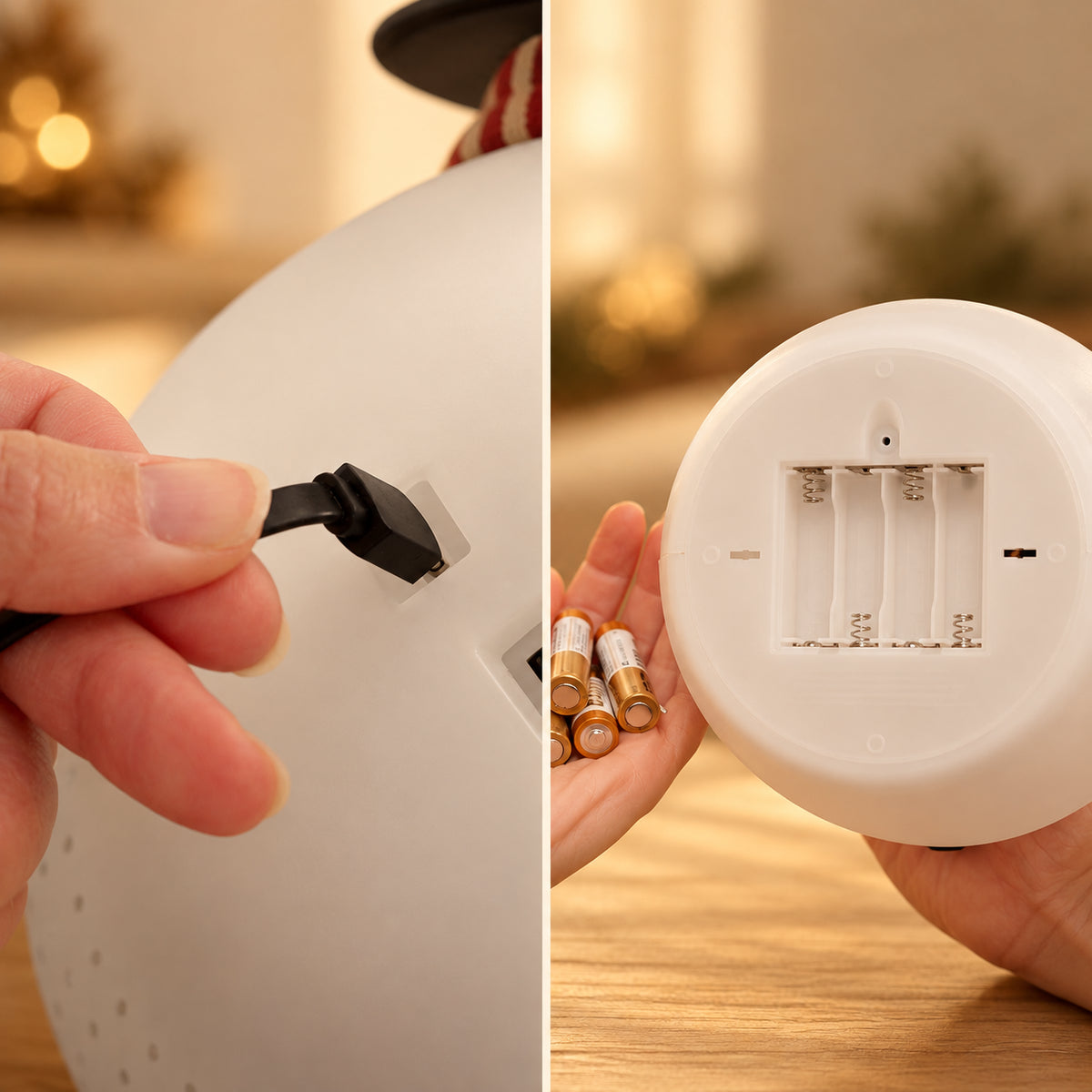 Solis Snow Chatter — animated snowman power: USB port and 4 × AA battery compartment