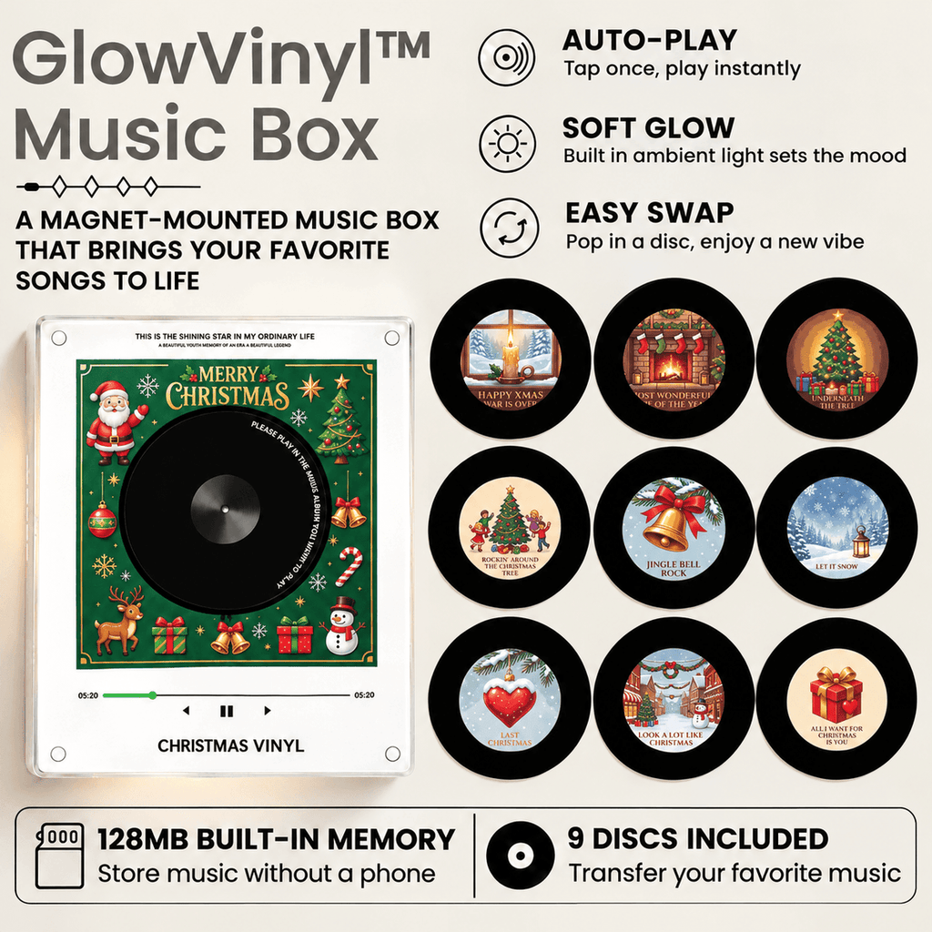 Solis Spin — mini vinyl record music box with 9 Christmas NFC discs, auto-play and soft glow