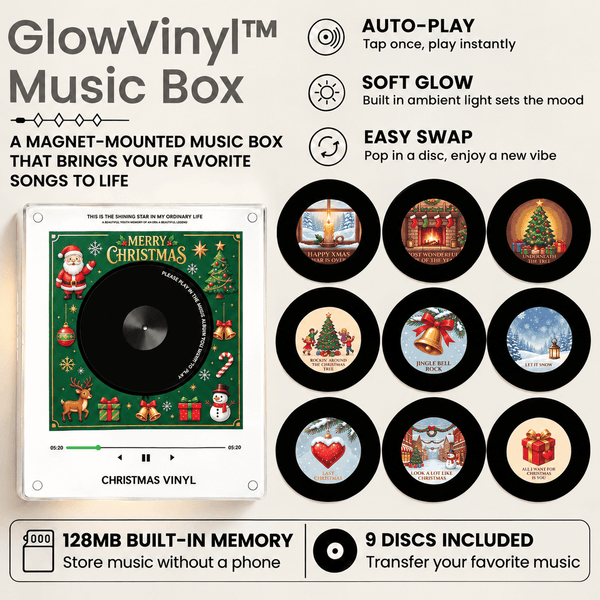 Solis Spin — mini vinyl record music box with 9 Christmas NFC discs, auto-play and soft glow