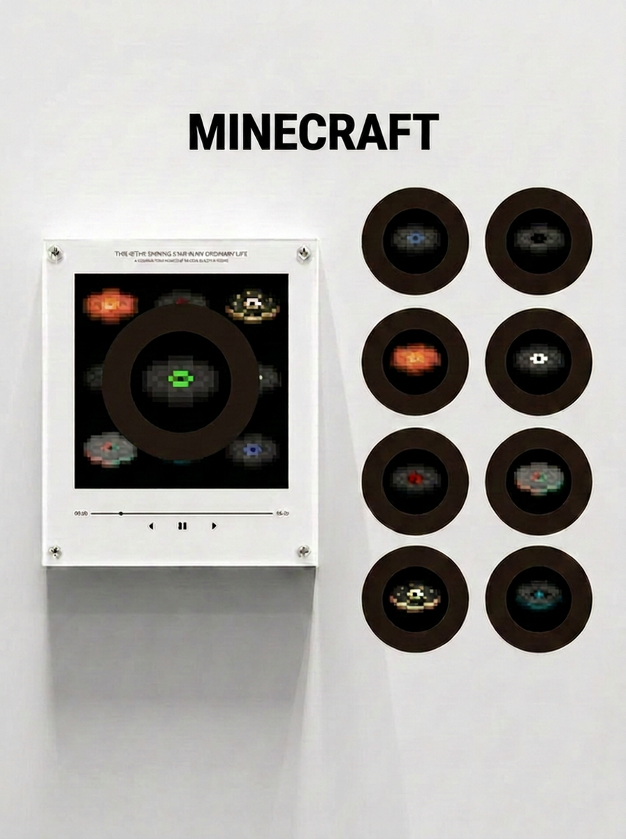 Solis Spin — Minecraft theme: mini vinyl fridge magnet music box with nine pixel-art NFC discs