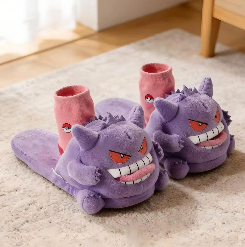 Solis Spookstep — Gengar plush slippers with pink socks on a rug