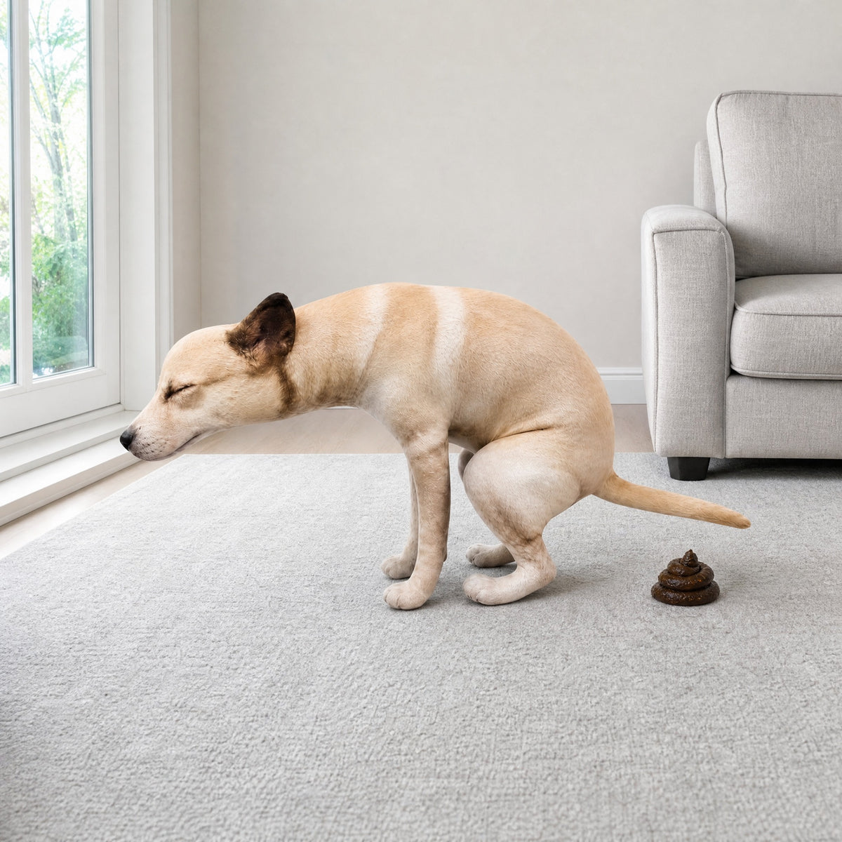 Solis Squatpup — pooping dog prank on a living room rug