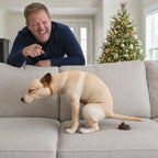 Solis Squatpup — pooping dog plush on the sofa, a man laughing next to the Christmas tree