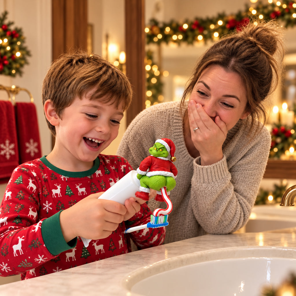 Solis Squeezy — boy and mum laughing at the Grinch toothpaste topper at the sink