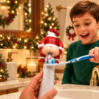 Solis Squeezy — boy brushing his teeth with the Santa toothpaste topper