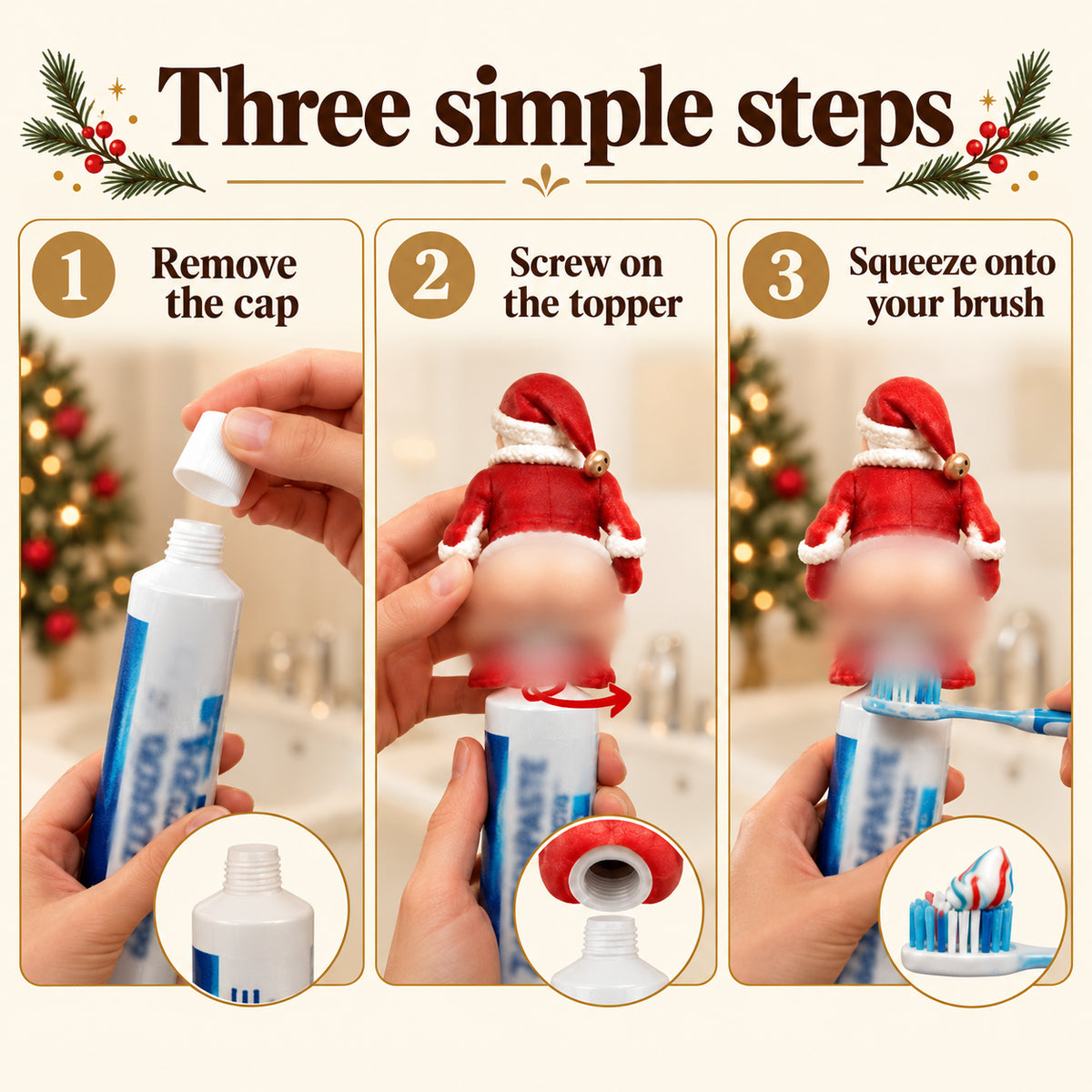 Solis Squeezy — three steps: remove the cap, screw the Santa topper on, squeeze