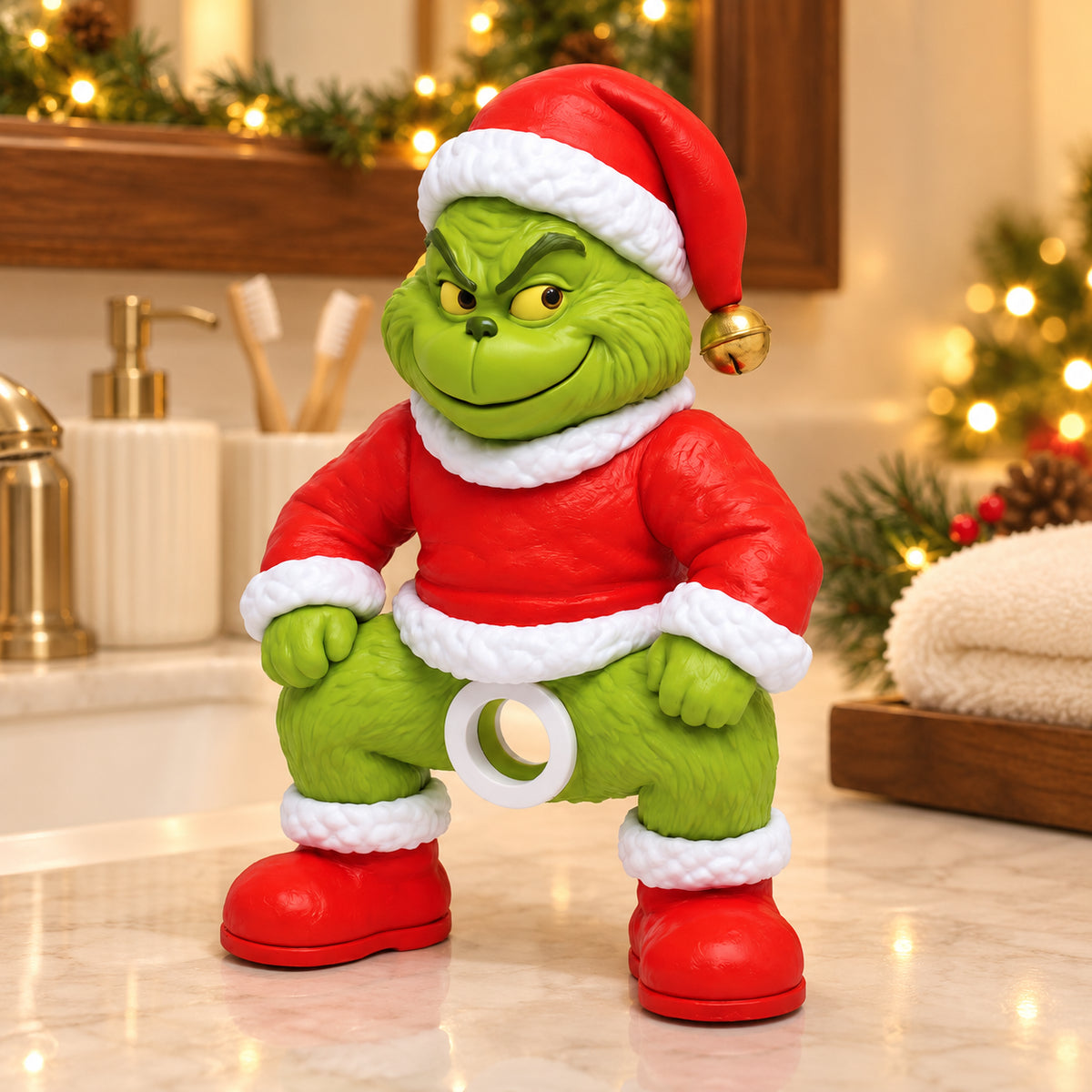 Solis Squeezy — Grinch toothpaste topper in a red Santa suit