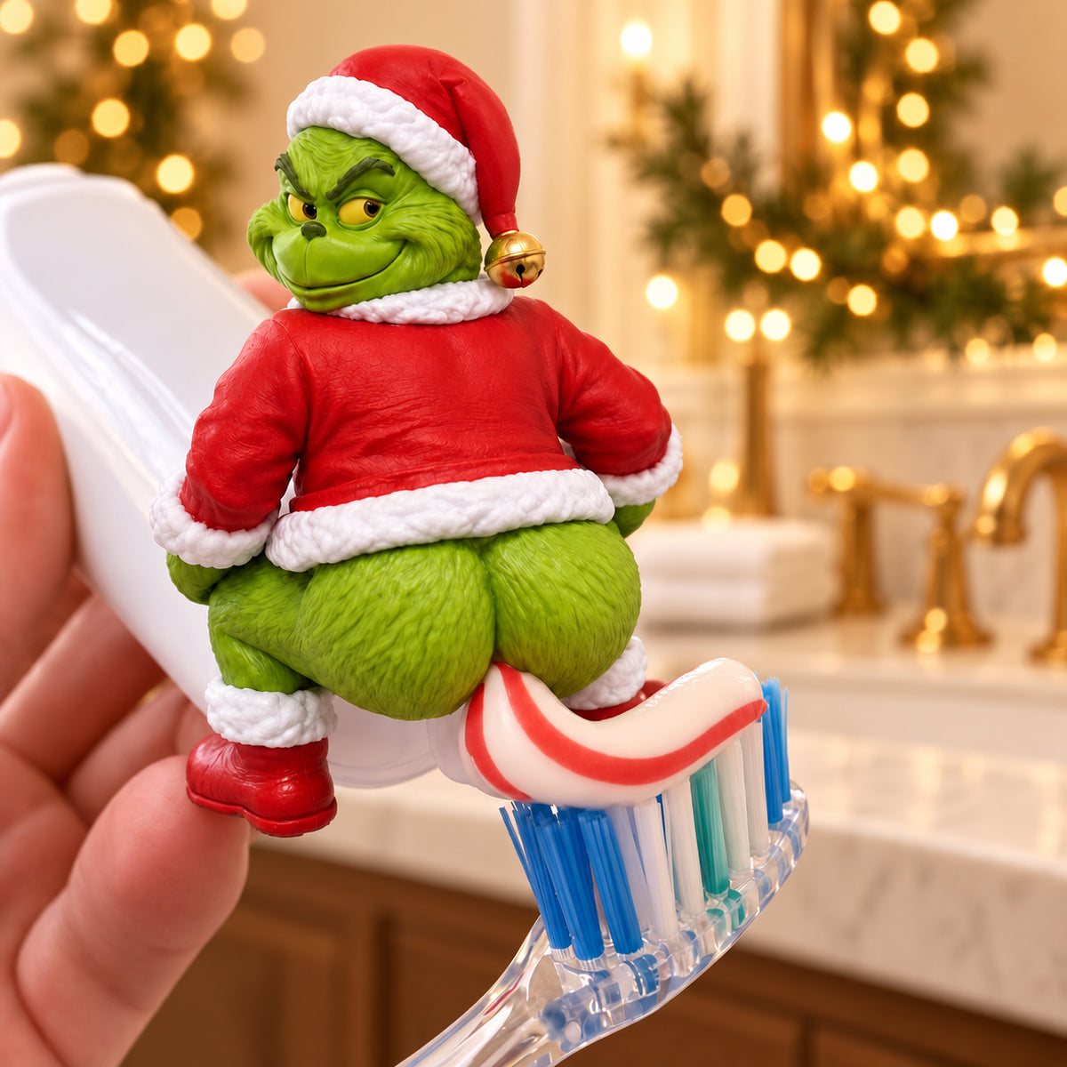 Solis Squeezy — Grinch toothpaste topper on a tube by the bathroom sink
