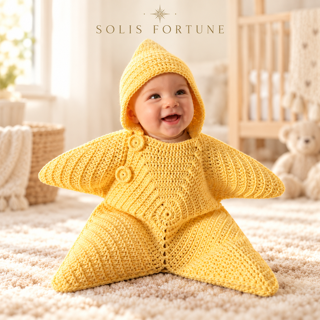 Solis Star Suit in yellow worn by a smiling baby, crochet star shape on a dark navy studio background