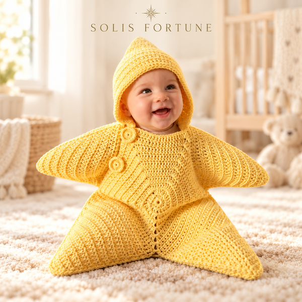Solis Star Suit in Gelb, getragen von einem lächelnden Baby, gehäkelte Sternform vor dunkelblauem Studiohintergrund