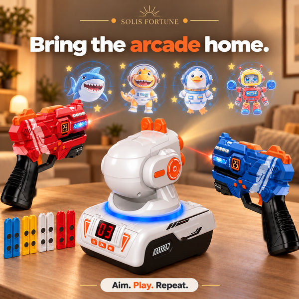 Solis Starblast — laser tag projector projecting shark, dino, penguin and robot targets with two blasters