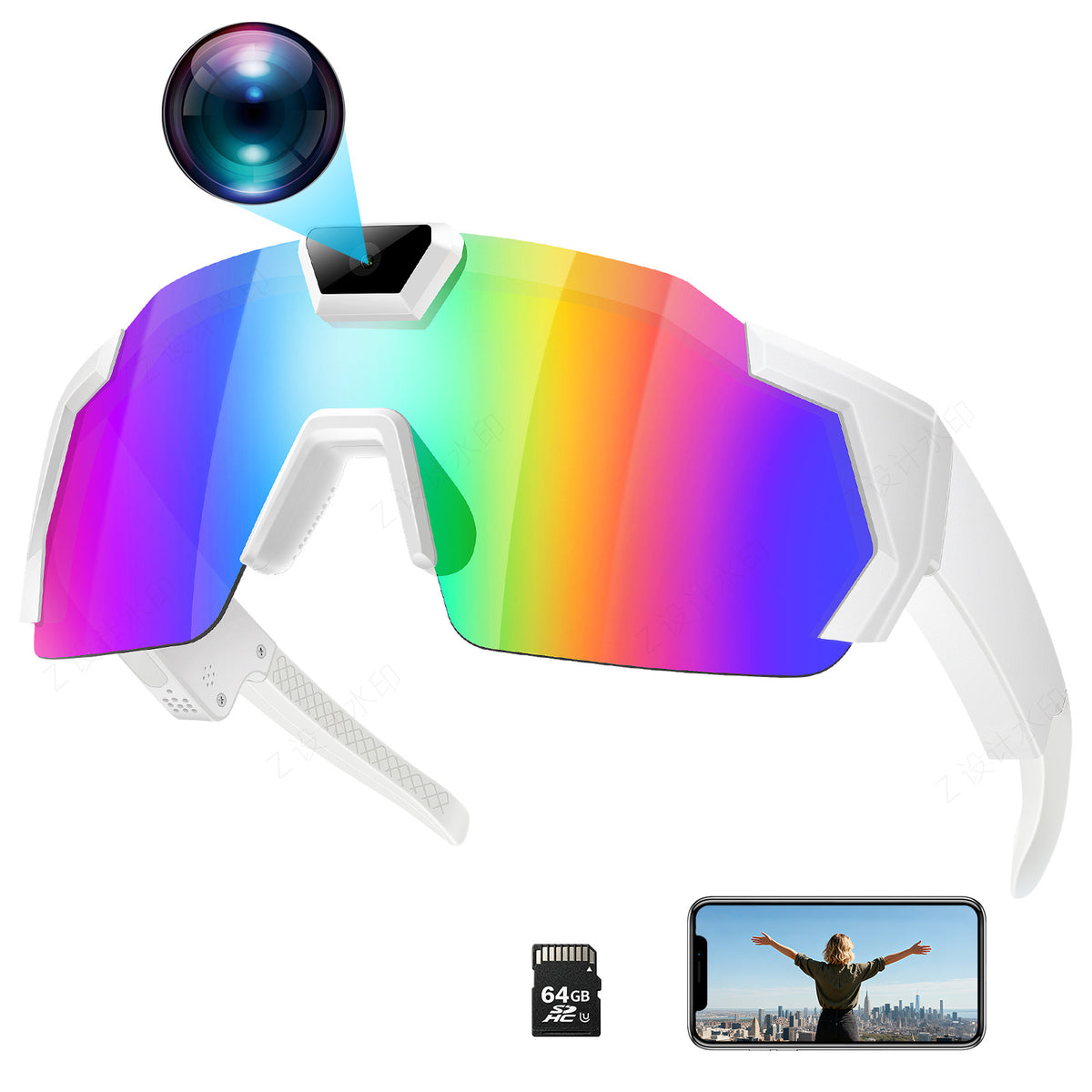 Solis Summit — camera sunglasses with rainbow mirror lens and microSD card