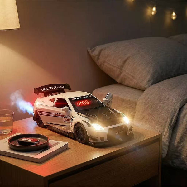 Solis Redline — supercar alarm clock on a bedside table at night with lights on and exhaust mist