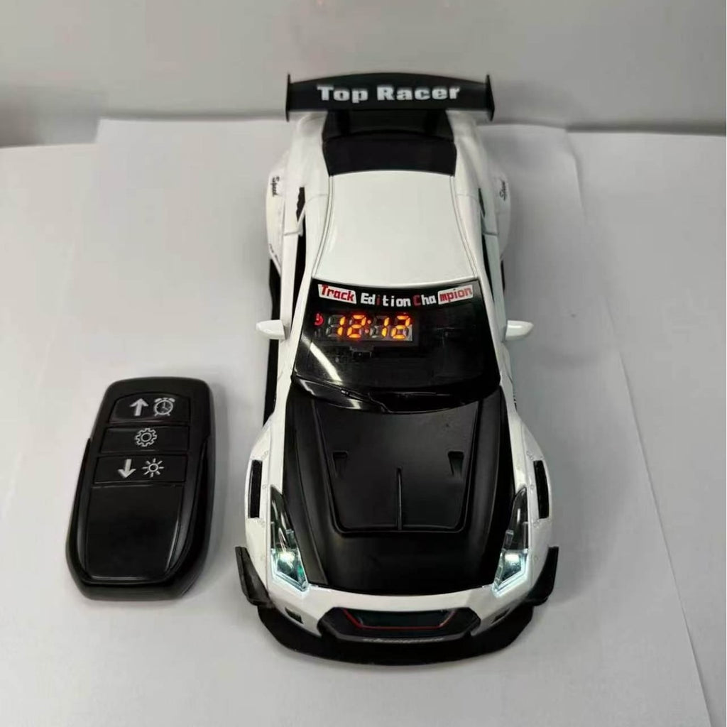 Solis Redline — Nissan GT-R, White: white Nissan GT-R race car alarm clock with its key-fob remote