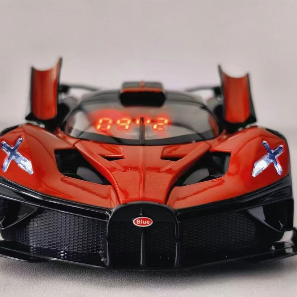 Solis Redline — Bugatti Bolide, Red: red Bugatti Bolide supercar alarm clock showing the time