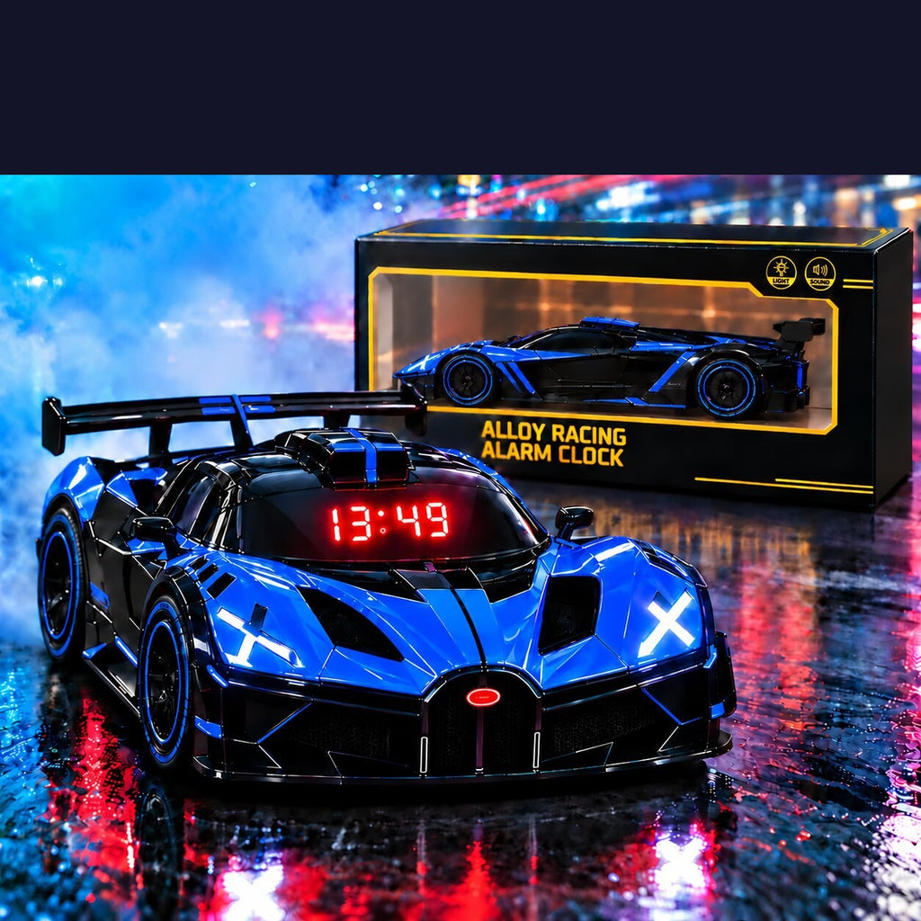 Solis Redline — Bugatti Bolide, Blue: blue Bugatti Bolide supercar alarm clock next to its gift box