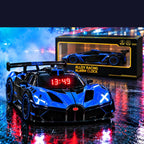 Solis Redline — Bugatti Bolide, Blue: blue Bugatti Bolide supercar alarm clock next to its gift box