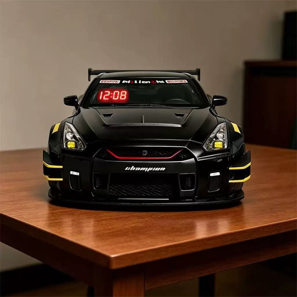 Solis Redline — black Nissan GT-R alarm clock showing the time in its windscreen