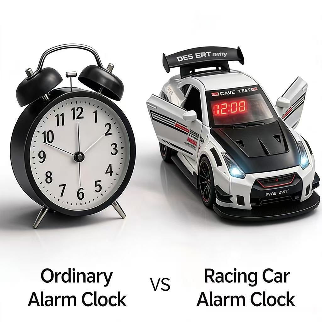 Solis Redline — an ordinary alarm clock next to the race car alarm clock