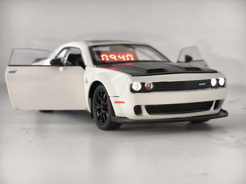 Solis Redline — Dodge Challenger Hellcat alarm clock with the doors open
