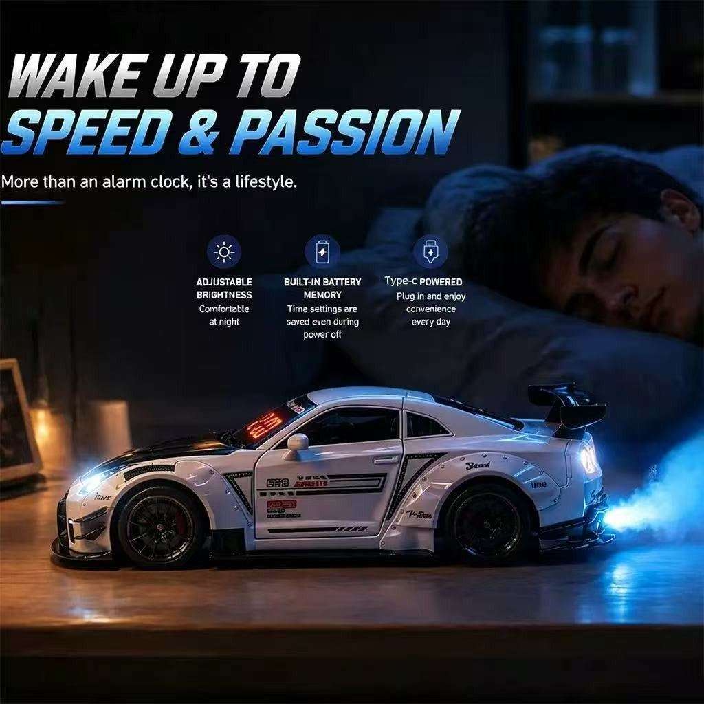 Solis Redline — race car alarm clock features: adjustable brightness, battery memory, USB-C power