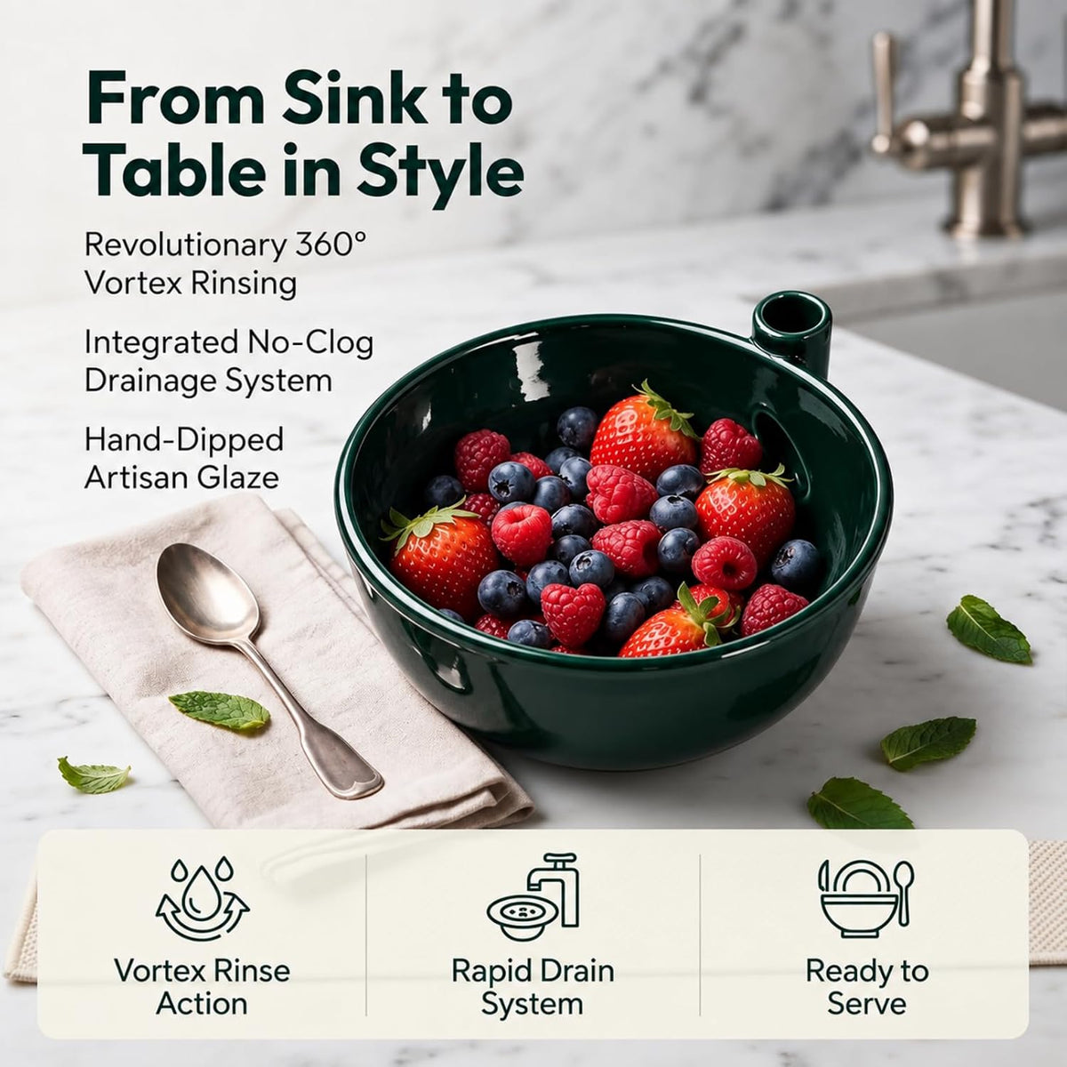 Solis Swirl — ceramic berry bowl with berries on a marble counter
