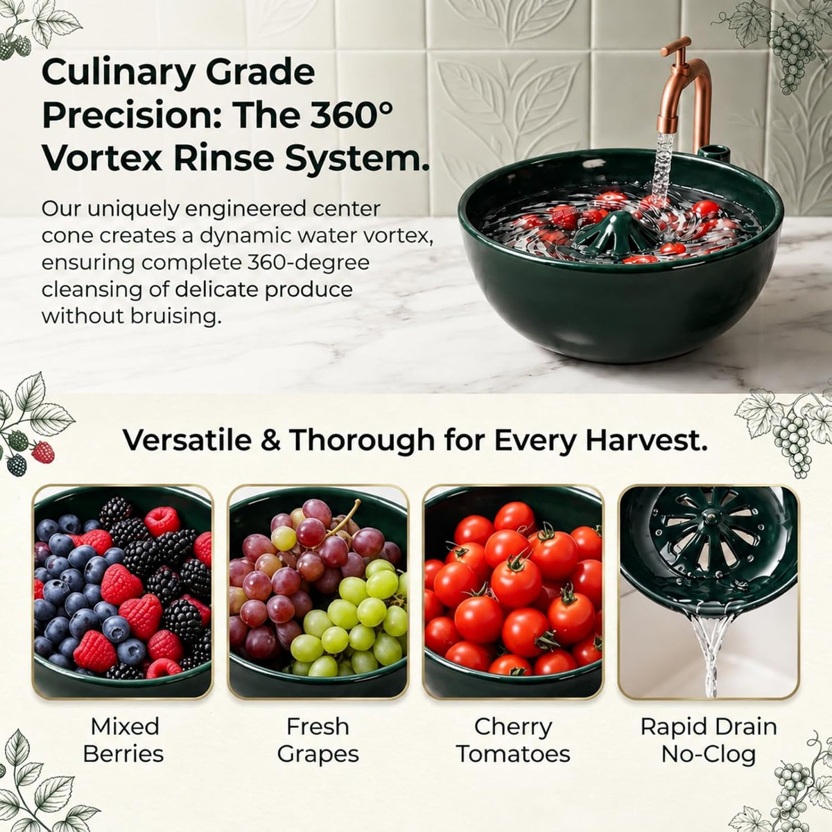 Solis Swirl — swirl rinse system washing berries, grapes and cherry tomatoes