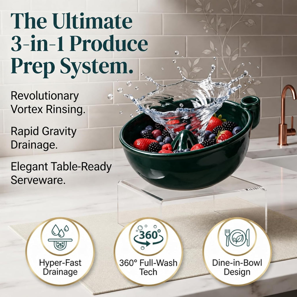Solis Swirl — rinse, drain and serve in one ceramic bowl