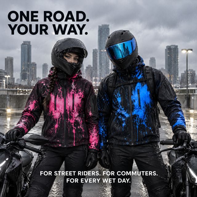 Two riders in pink and blue water-reactive rain jackets with their motorcycles in the rain
