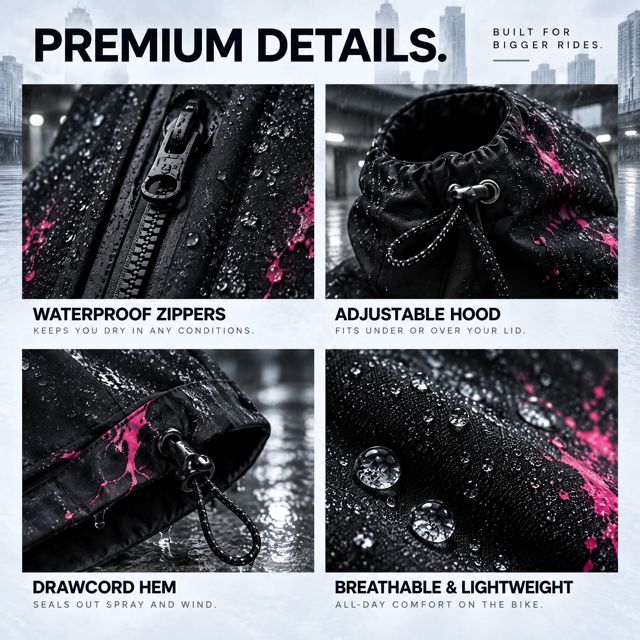 Close-ups of the waterproof zips, adjustable hood, drawcord hem and fabric