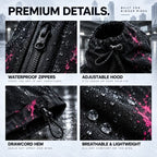 Close-ups of the waterproof zips, adjustable hood, drawcord hem and fabric