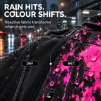 Black jacket fabric dry on one side and showing pink where it is wet