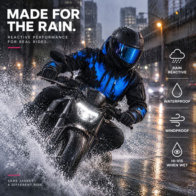 Rider in a blue water-reactive rain jacket on a motorcycle in heavy rain