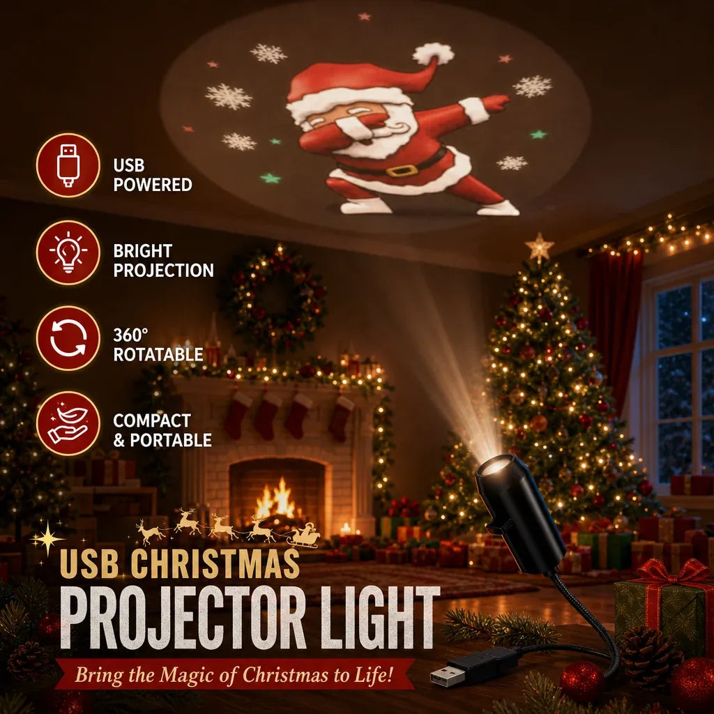 Solis Tinsel — USB Christmas projector light projecting a dabbing Santa on the wall above a fireplace