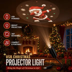 Solis Tinsel — USB Christmas projector light projecting a dabbing Santa on the wall above a fireplace